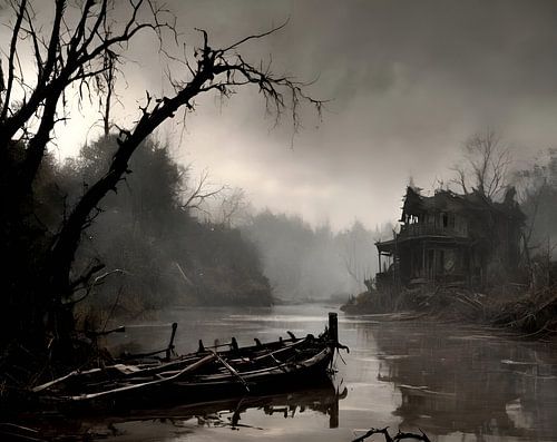 Bayou, twee schuiten, een oud huis. Zwart-wit