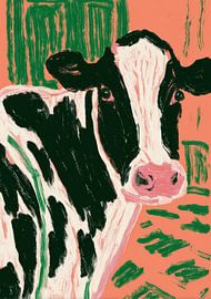 Black-and-white cow on a coral-red background by Niklas Maximilian