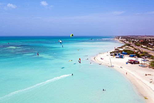 Aerial view of kite surfing on Aruba in the Caribbean Sea