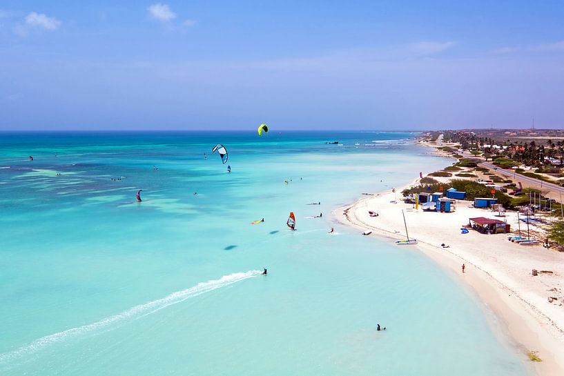 Aerial view of kite surfing on Aruba in the Caribbean Sea by Eye on You