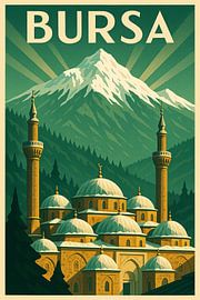 Affiche Art Déco de Bursa - Montagne Uludağ et Grande Mosquée sur Travel Shop