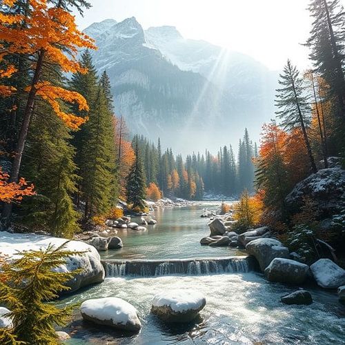 Een waterval in het bos met bergen natuurlandschap.