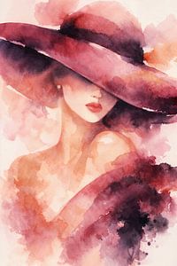 Portrait chic d'une femme coiffée d'un grand chapeau (IA) (glamour, décolleté, épaules dénudées, sexy, féminin)