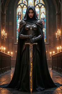 Dark Fantasy Wandbild: ISOLVIRA – Die Krieger Nonne mit ihrem Schwert in der Kathedrale