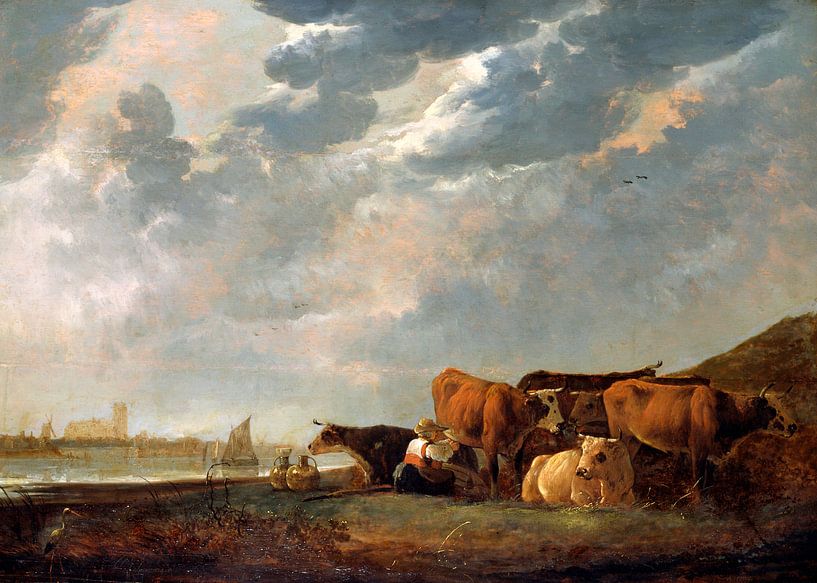 Albert Cuyp. Cattle near the Maas, with Dordrecht in the distance by 1000 Schilderijen