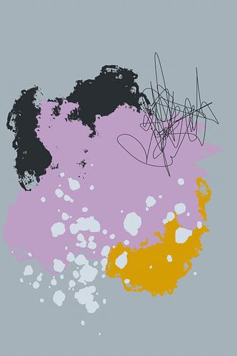 Moderne abstracte kunst. Heldere pastelkleuren. Lila, geel, grijs, zwart.