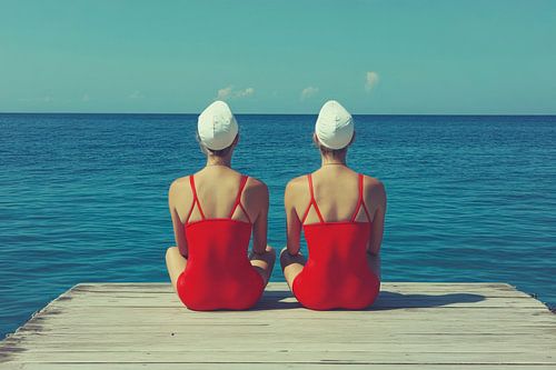 Schwimmerinnen am Steg vor dem Meer