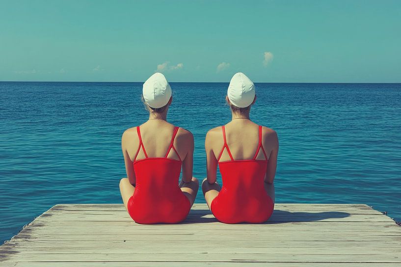 Swimmers on the jetty in front of the sea by Poster Art Shop