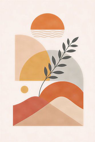 Abstrakte Wandillustration im Bohème-Stil mit Sonne und Blättern im minimalistischen Stil
