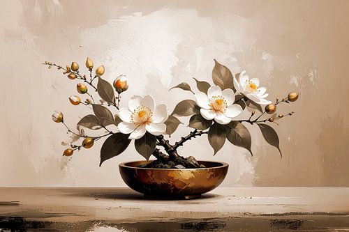 Japandi Art. Sfeervol Stilleven van Magnolia (Bonsai stijl)