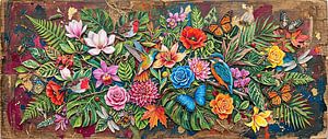 Tropisch panorama met kolibrie, ijsvogel en kleurrijke bloemen