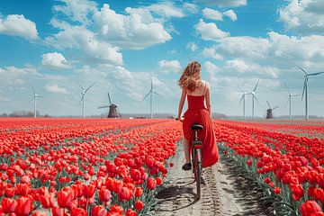 vrouw fietst door tulpenveld van Egon Zitter