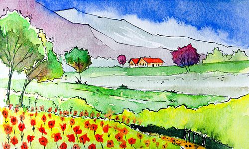 Het kleurrijke vallei | Aquarel schilderij Handgemaakt