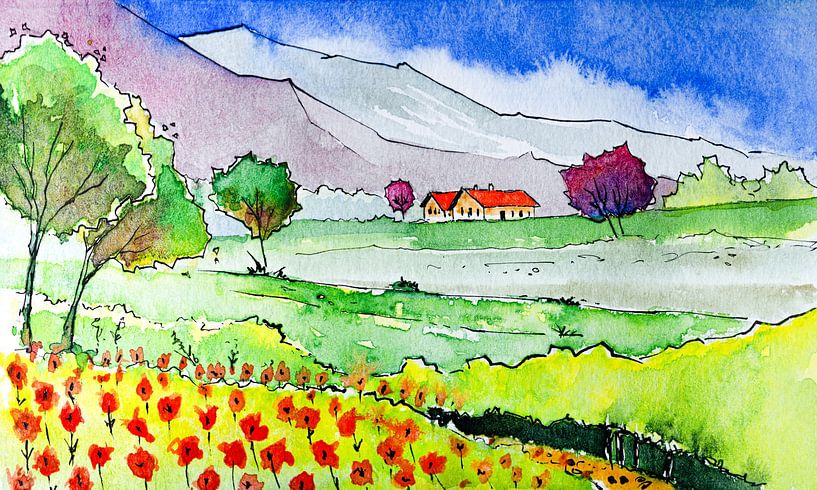 Het kleurrijke vallei | Aquarel schilderij Handgemaakt van WatercolorWall