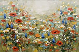 Modernes und abstraktes Sommerfeld mit Blumen in hellen Farbtönen von Studio Pieternel