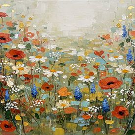 Modern en abstract zomers bloemenveld in heldere tinten van Studio Pieternel