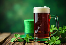 Donker bier in een pul met een kabouterhoedje en klavertjes van Markus Gann