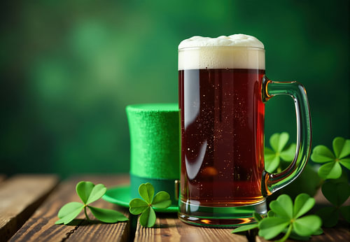 Donker bier in een pul met een kabouterhoedje en klavertjes