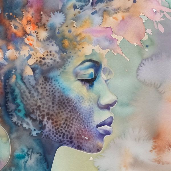 Frauenporträt unter Wasser - abgeschlossenes Aquarell in bl von Joyce de Jong