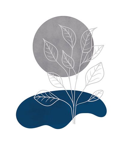 Paysage minimaliste avec une plante au bord d'un lac et une lune d'argent