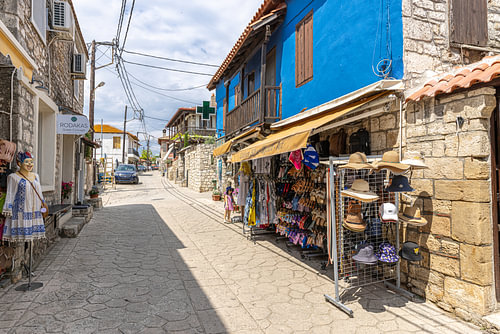 A traditional alleyway lined with souvenir shops in the village of Afitos, Kassandra