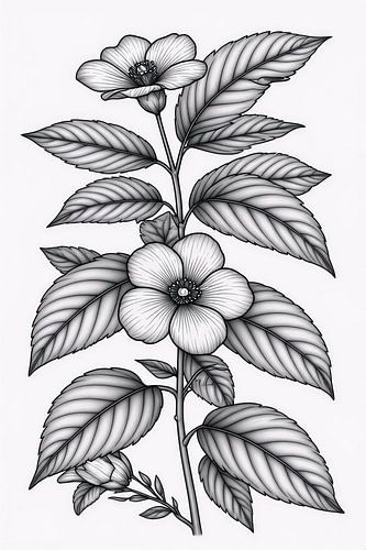 Elegante botanische Strichzeichnung mit Blumenmotiven in Schwarz-Weiß