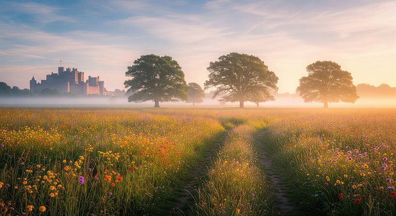 Schlosslandschaft mit Wildblumenwiese und Bäumen in der Morgendämmerung von Markus Gann
