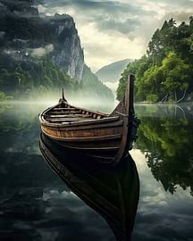 Lonely boat in the mountain lake