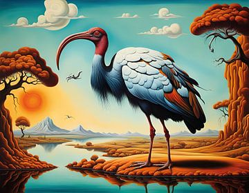 Ibis vogel in een surrealistisch landschap van Betty Maria Digital Art
