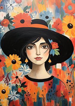 Dame dans une mer de fleurs | Portrait peinture de fleurs sur Art Merveilleux