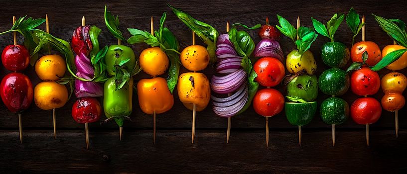 Colourful vegetable skewers on a wooden tray by Poster Art Shop