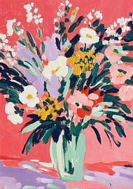 Abstract floral bouquet on a coral-red background by Niklas Maximilian