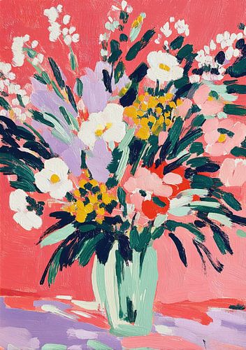 Abstract floral bouquet on a coral-red background