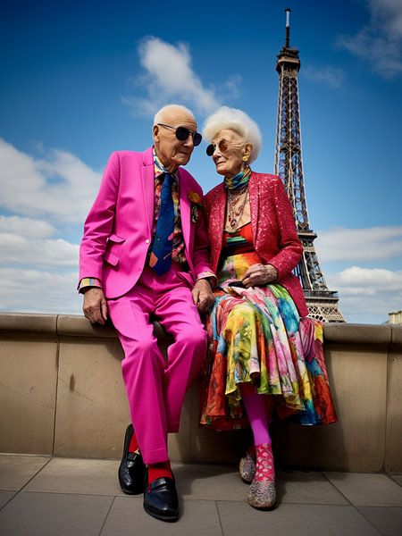 Love in Paris aged couple Eiffel Tower romance in love by gm_designs