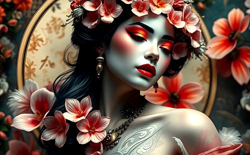 Geisha oosterse vrouw met bloemen