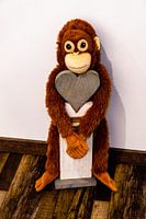 Un singe en tissu suspendu à un cœur de bois