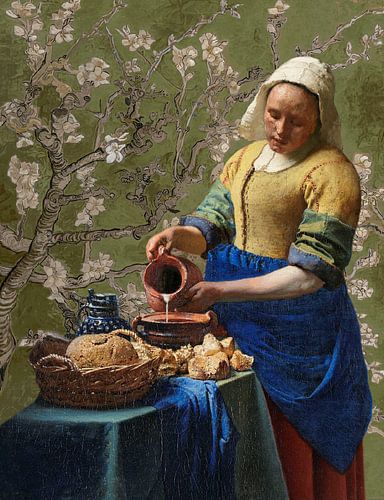 Milkmaid with khaki green almond blossom