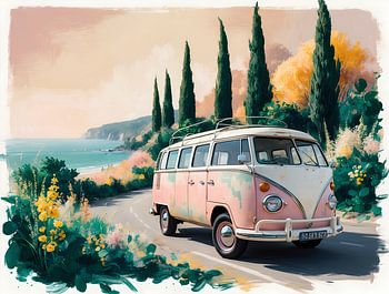 Pastel Coastal Escape - Vintage Roadtrip Art