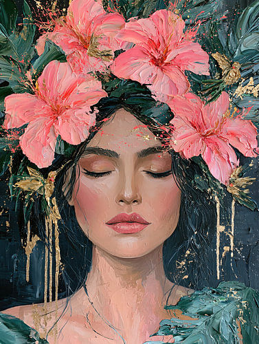 Hibiscus Goddess – Modern Abstract Portrait of a Woman with Hibiscus Flowers