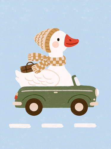 Oie dans une voiture verte, avec un bonnet et une écharpe