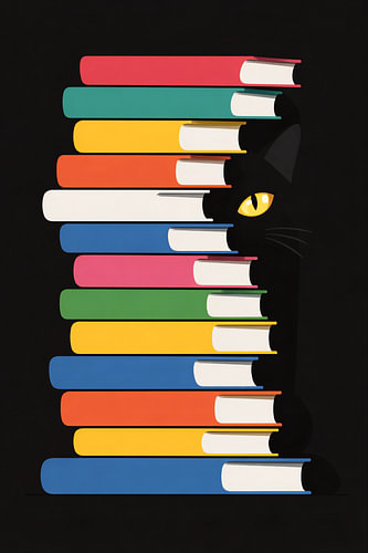 Katze hinter bunten Büchern