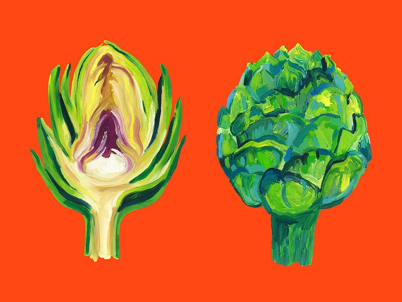Artichokes On Orange by Alice Straker