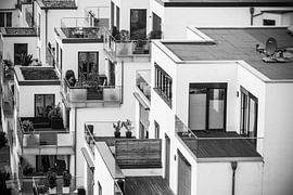 Black and white photo of chequered houses