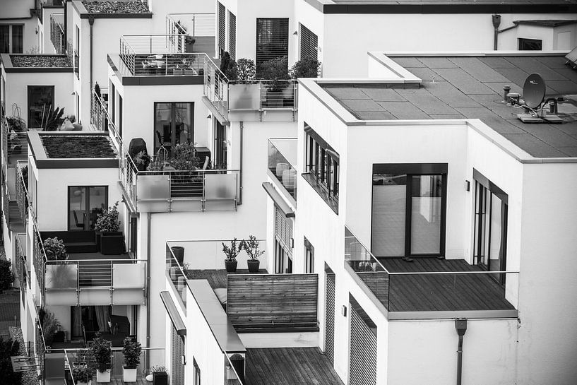 Black and white photo of chequered houses by Patrick Verhoef