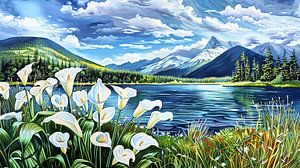 Ruhige Bergszene mit Calla-Lilien