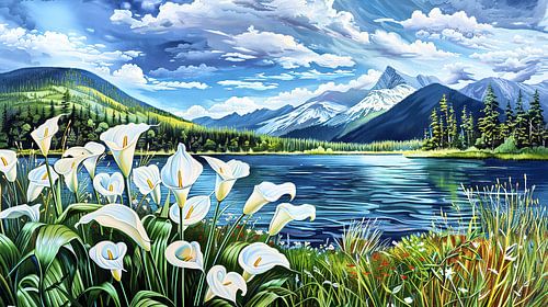 Scène de montagne tranquille avec des lys calla