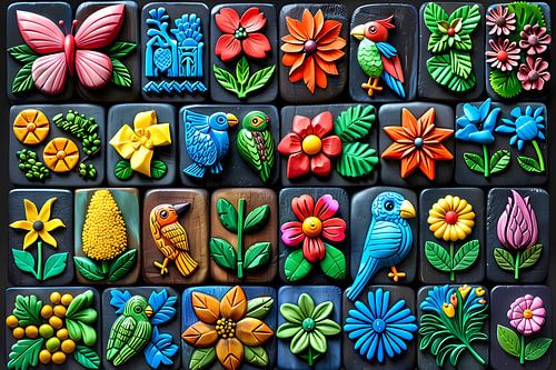 Kleurrijke Bloemen en Vogels in Kunstvorm