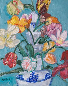 Vase tulipe bleu de Delft avec tulipes n° 3 sur Tanja Koelemij