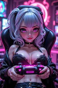 Dark Fantasy Anime Cyberpunk Wall Art: PIXELVYNE – Sexy Anime Gamer Girl Plays with Her Controller i