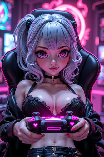 Dark Fantasy Anime Cyberpunk Wall Art: PIXELVYNE – Sexy Anime Gamer Girl Plays with Her Controller i